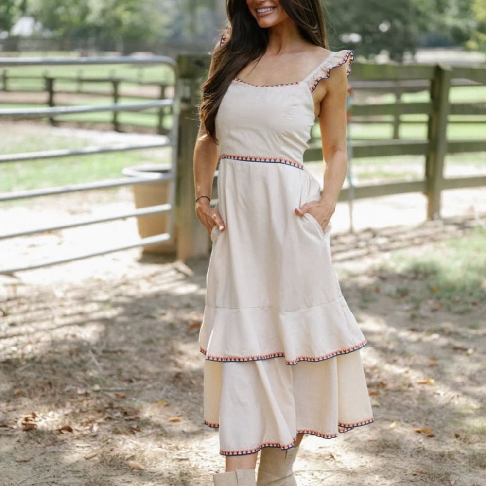 NWT Chic Cream Maxi Dress with Ruffle Accents